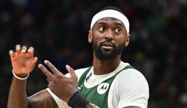 Milwaukee Bucks forward Bobby Portis (9) reacts in the second quarter against the Miami Heat at Fiserv Forum. Jan 23, 2025.
