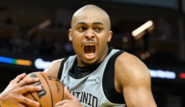 Feb 11, 2026; San Francisco, California, USA; San Antonio Spurs forward Keldon Johnson (3) rebounds against the Golden State Warriors in the fourth quarter at Chase Center. Mandatory Credit: Eakin Howard-Imagn Images