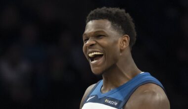 Feb 11, 2026; Minneapolis, Minnesota, USA; Minnesota Timberwolves guard Anthony Edwards (5) celebrates Minnesota Timberwolves forward Julius Randle (not pictured) making a shot against the Portland Trail Blazers in the second half at Target Center. Mandatory Credit: Jesse Johnson-Imagn Images