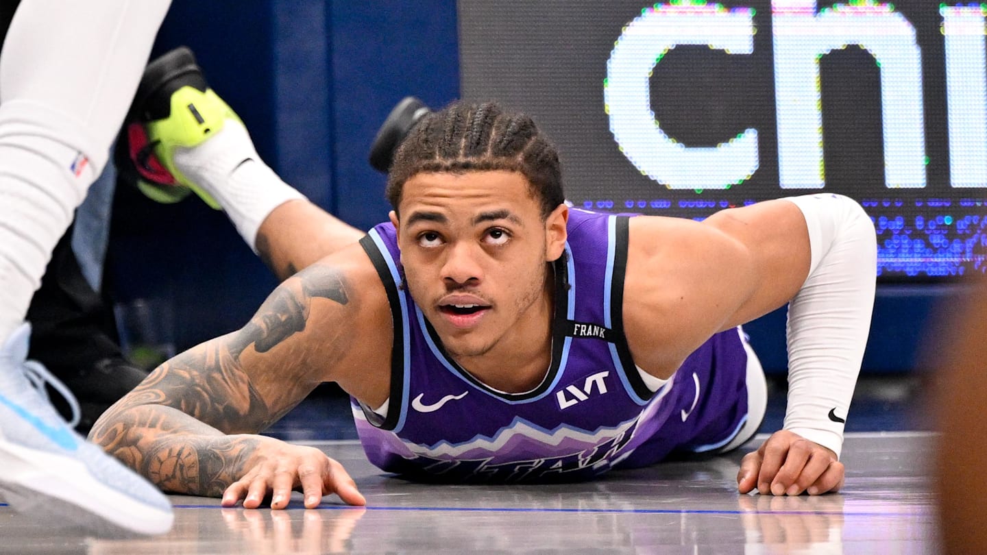 Jan 17, 2026; Dallas, Texas, USA; Utah Jazz guard Keyonte George (3) looks up from the floor during the first quarter against the Dallas Mavericks at the American Airlines Center. Mandatory Credit: Jerome Miron-Imagn Images