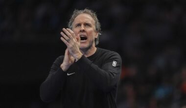 Jan 24, 2026; Charlotte, North Carolina, USA; Washington Wizards Head Coach Brian Keefe reacts during the second half against the Charlotte Hornets at the Spectrum Center. Mandatory Credit: Jim Dedmon-Imagn Images