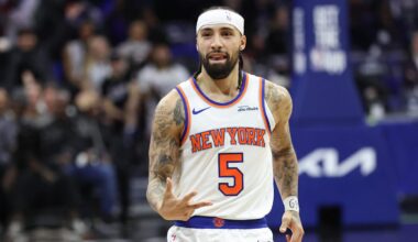 Feb 11, 2026; Philadelphia, Pennsylvania, USA; New York Knicks guard Jose Alvarado (5) reacts to his three pointer against the Philadelphia 76ers during the second half at Xfinity Mobile Arena. Mandatory Credit: Bill Streicher-Imagn Images