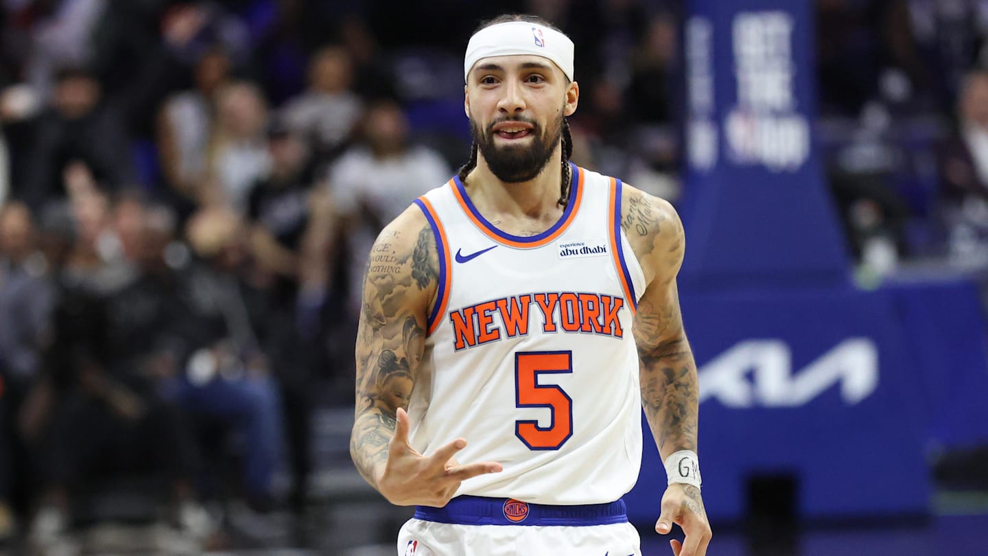 Feb 11, 2026; Philadelphia, Pennsylvania, USA; New York Knicks guard Jose Alvarado (5) reacts to his three pointer against the Philadelphia 76ers during the second half at Xfinity Mobile Arena. Mandatory Credit: Bill Streicher-Imagn Images