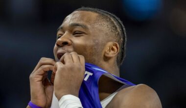 Mar 16, 2025; Minneapolis, Minnesota, USA; Utah Jazz guard Isaiah Collier (13) reacts to a foul called in the first half against the Minnesota Timberwolves at Target Center. Mandatory Credit: Jesse Johnson-Imagn Images