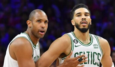 May 7, 2023; Philadelphia, Pennsylvania, USA; Boston Celtics center Al Horford (42) and forward Jayson Tatum (0) against the Philadelphia 76ers during the fourth quarter of game four of the 2023 NBA playoffs at Wells Fargo Center. Mandatory Credit: Eric Hartline-Imagn Images