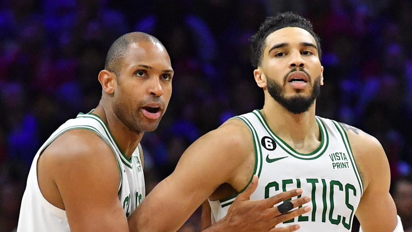 May 7, 2023; Philadelphia, Pennsylvania, USA; Boston Celtics center Al Horford (42) and forward Jayson Tatum (0) against the Philadelphia 76ers during the fourth quarter of game four of the 2023 NBA playoffs at Wells Fargo Center. Mandatory Credit: Eric Hartline-Imagn Images