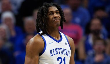 Kentucky Wildcats forward Jayden Quaintance (21) reacts after a play during the second half against the Missouri Tigers at Rupp Arena at Central Bank Center on January 7, 2026.