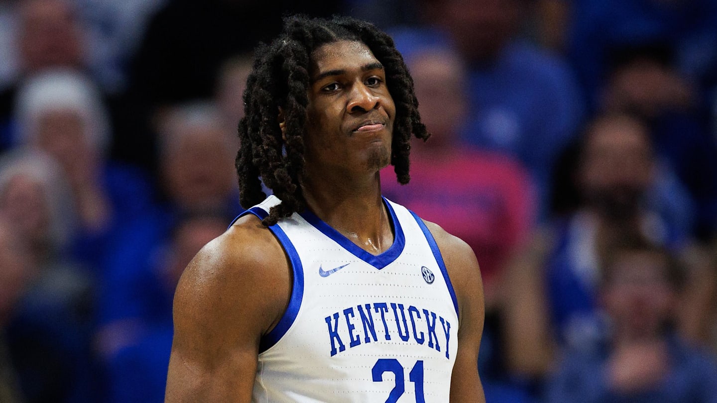 Kentucky Wildcats forward Jayden Quaintance (21) reacts after a play during the second half against the Missouri Tigers at Rupp Arena at Central Bank Center on January 7, 2026.