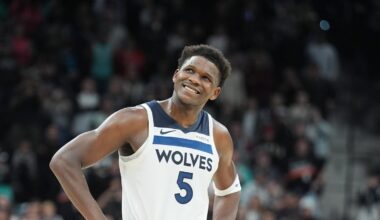 Jan 17, 2026; San Antonio, Texas, USA; Minnesota Timberwolves guard Anthony Edwards (5) looks up in the second half against the San Antonio Spurs at Frost Bank Center. Mandatory Credit: Daniel Dunn-Imagn Images