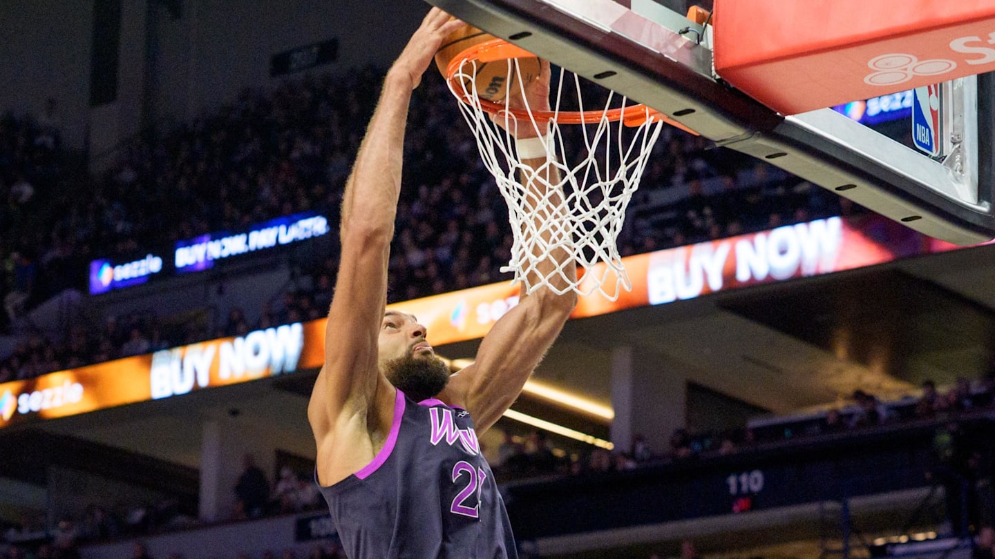 Dec 25, 2025; Denver, Colorado, USA; Minnesota Timberwolves center Rudy Gobert (27) during the first half at Ball Arena. Mandatory Credit: Ron Chenoy-Imagn Images
