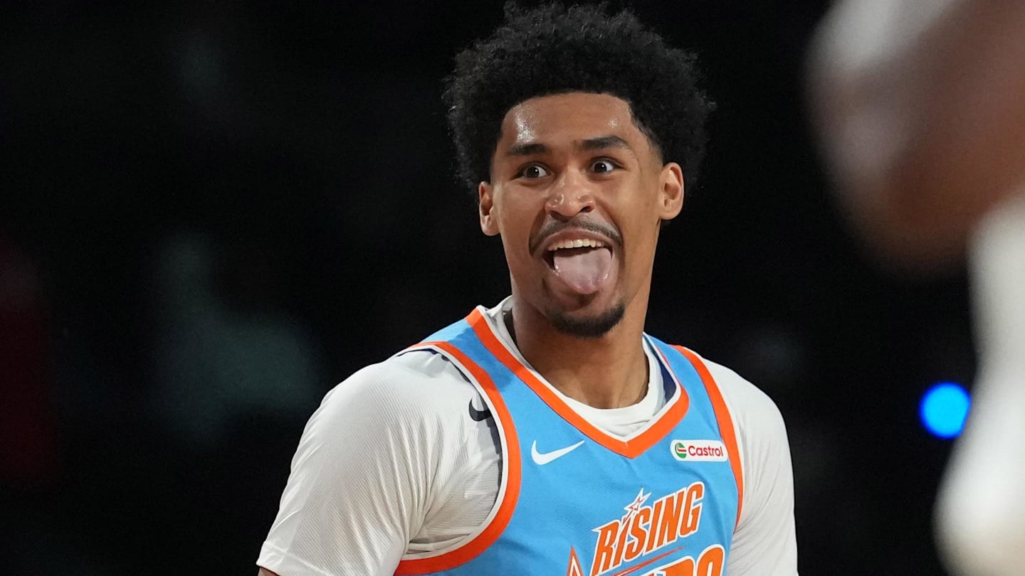 Feb 13, 2026; Inglewood, California, USA; Team Melo guard Dylan Harper (2) of the San Antonio Spurs reacts during an NBA All Star Rising Stars game at Intuit Dome. Mandatory Credit: Kirby Lee-Imagn Images