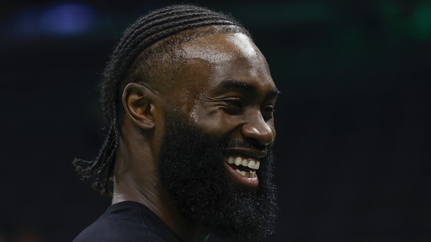 Feb 27, 2024; Boston, Massachusetts, USA; Boston Celtics guard Jaylen Brown (7) smiles before their game against the Philadelphia 76ers at TD Garden. Mandatory Credit: Winslow Townson-Imagn Images