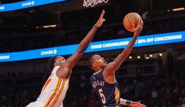 Dejounte Murray is announced to the crowd against the Utah Jazz  during the first half at Smoothie King Center