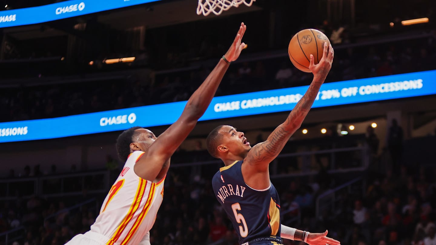 Dejounte Murray is announced to the crowd against the Utah Jazz  during the first half at Smoothie King Center