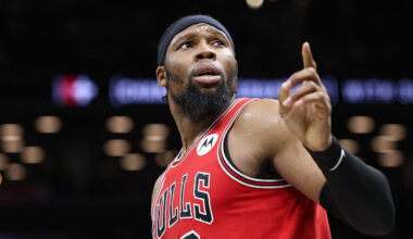Feb 9, 2026; Brooklyn, New York, USA; Chicago Bulls forward Guerschon Yabusele (28) reacts during the first half against the Brooklyn Nets at Barclays Center. Mandatory Credit: Vincent Carchietta-Imagn Images