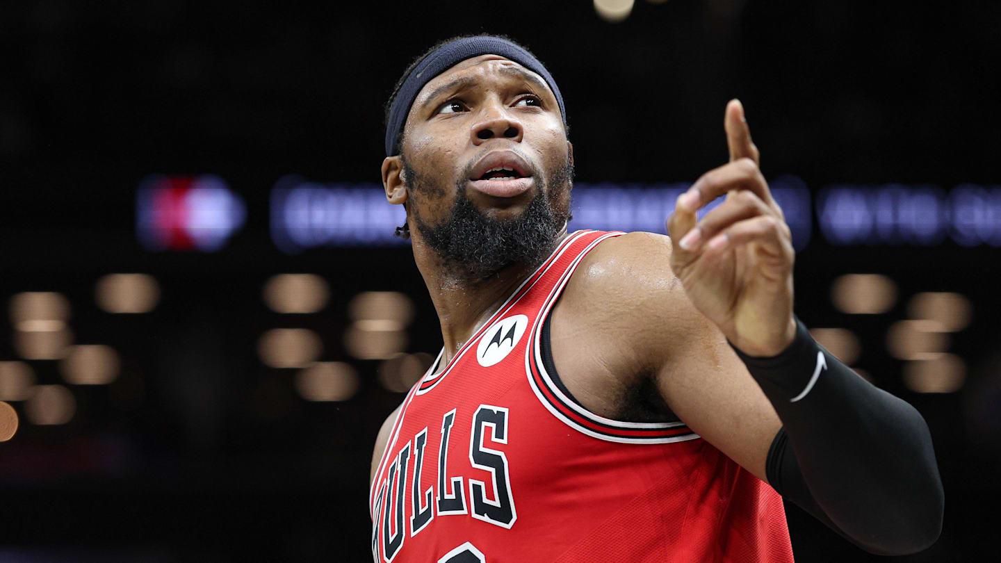 Feb 9, 2026; Brooklyn, New York, USA; Chicago Bulls forward Guerschon Yabusele (28) reacts during the first half against the Brooklyn Nets at Barclays Center. Mandatory Credit: Vincent Carchietta-Imagn Images