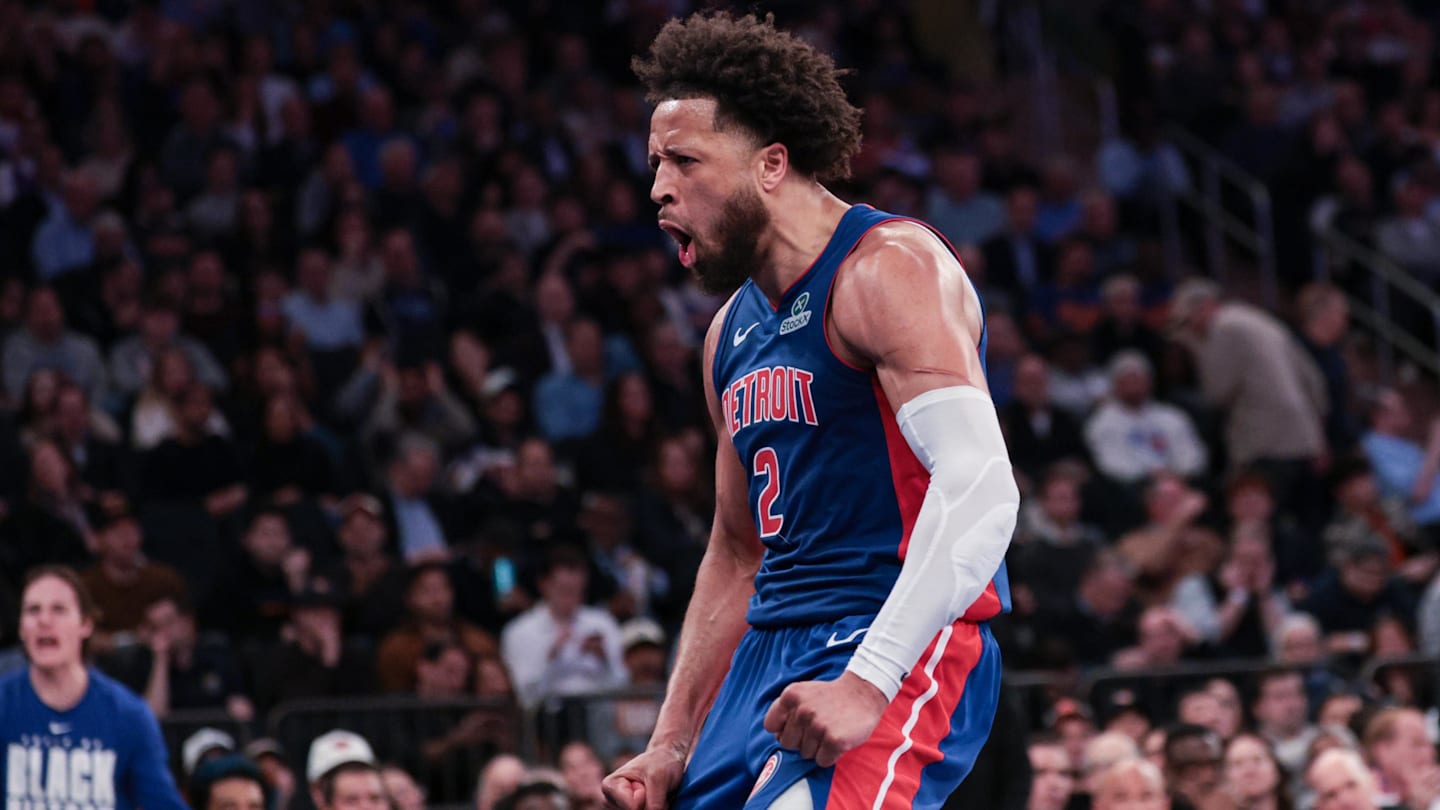 Feb 19, 2026; New York, New York, USA; Detroit Pistons guard Cade Cunningham (2) reacts after a dunk during the second half against the New York Knicks at Madison Square Garden. Mandatory Credit: Vincent Carchietta-Imagn Images