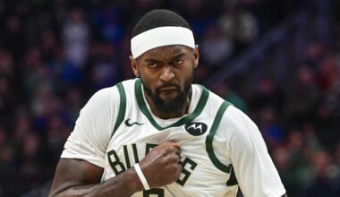 Milwaukee Bucks forward Bobby Portis (9) reacts after scoring a basket in the third quarter against the Utah Jazz at Fiserv Forum. Jan 8, 2024.