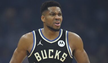 Nov 17, 2025; Cleveland, Ohio, USA; Milwaukee Bucks forward Giannis Antetokounmpo (34) reacts in the first quarter against the Cleveland Cavaliers at Rocket Arena. Mandatory Credit: David Richard-Imagn Images