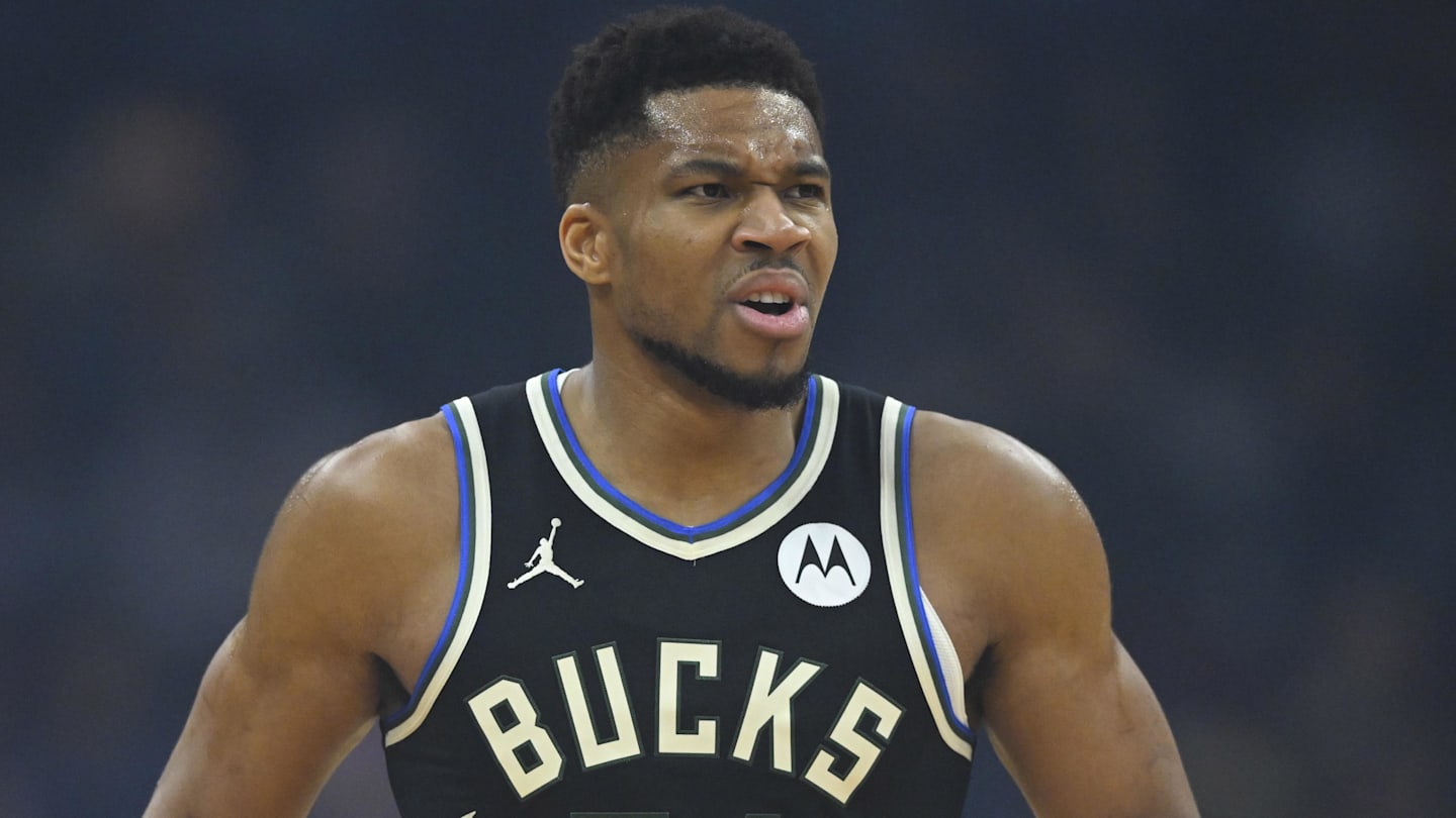 Nov 17, 2025; Cleveland, Ohio, USA; Milwaukee Bucks forward Giannis Antetokounmpo (34) reacts in the first quarter against the Cleveland Cavaliers at Rocket Arena. Mandatory Credit: David Richard-Imagn Images