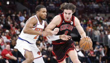 Oct 31, 2025; Chicago, Illinois, USA; Chicago Bulls guard Josh Giddey (3) drives to the basket against New York Knicks guard Miles McBride (2) during the first half at United Center. Mandatory Credit: Kamil Krzaczynski-Imagn Images