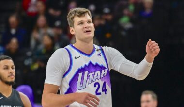 Oct 16, 2025; Salt Lake City, Utah, USA; Utah Jazz center Walker Kessler (24) smiles after making a great play during the first half against the Portland Trail Blazers at Delta Center. Mandatory Credit: Peter Creveling-Imagn Images