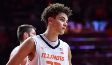 Feb 10, 2026; Champaign, Illinois, USA;  Illinois Fighting Illini guard Keaton Wagler (23) during the second half against the Wisconsin Badgers at State Farm Center. Mandatory Credit: Ron Johnson-Imagn Images
