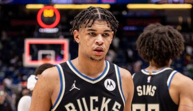 Milwaukee Bucks forward Ousmane Dieng (21) walks off the court after a win against the New Orleans Pelicans at Smoothie King Center on February 20, 2026.