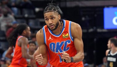 Mar 16, 2024; Memphis, Tennessee, USA; Oklahoma City Thunder guard Isaiah Joe (11) reacts during the second half against the Memphis Grizzlies at FedExForum. Mandatory Credit: Petre Thomas-Imagn Images