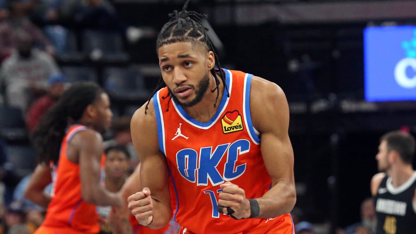 Mar 16, 2024; Memphis, Tennessee, USA; Oklahoma City Thunder guard Isaiah Joe (11) reacts during the second half against the Memphis Grizzlies at FedExForum. Mandatory Credit: Petre Thomas-Imagn Images