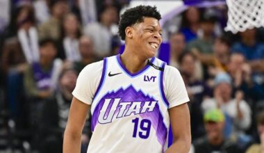 Jan 22, 2026; Salt Lake City, Utah, USA; Utah Jazz forward Ace Bailey (19) reacts to being hit in the face on the previous play during the second half against the San Antonio Spurs at Delta Center. Mandatory Credit: Peter Creveling-Imagn Images