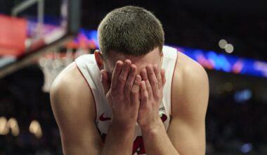 Miami Heat forward Nikola Jovic (5) covers his face (Mandatory Credit: Troy Wayrynen-Imagn Images)