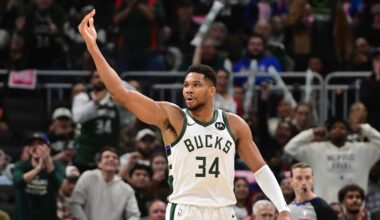 Milwaukee Bucks forward Giannis Antetokounmpo (34) reacts after scoring a basket in the 3rd quarter against the New York Knicks at Fiserv Forum on October 28, 2025.