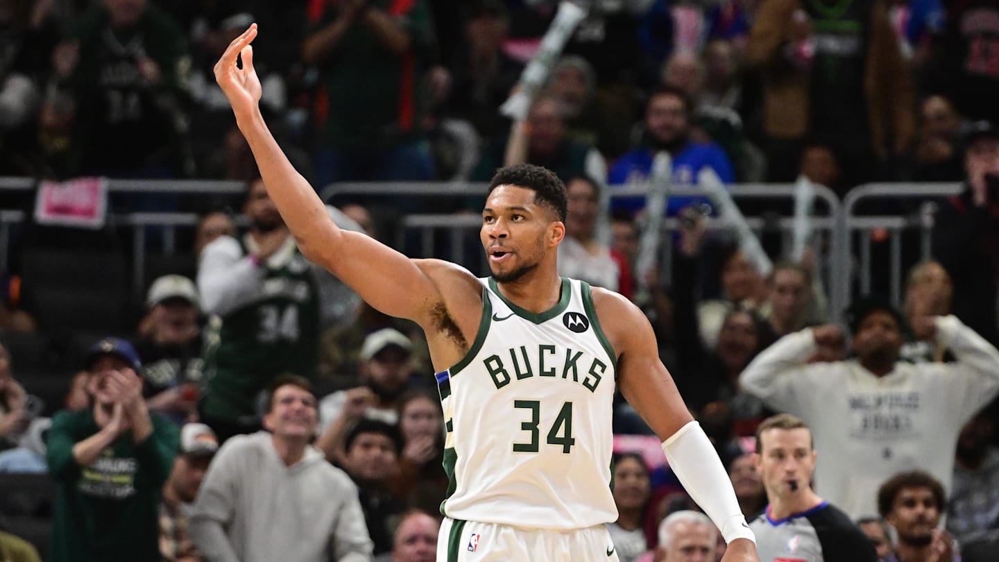 Milwaukee Bucks forward Giannis Antetokounmpo (34) reacts after scoring a basket in the 3rd quarter against the New York Knicks at Fiserv Forum on October 28, 2025.