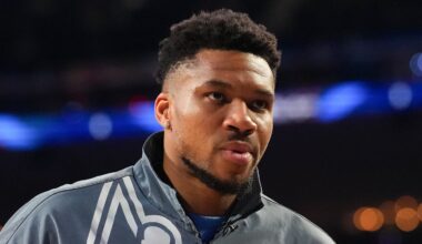Team World forward Giannis Antetokounmpo (34) of the Milwaukee Bucks looks on during the 75th NBA All Star Game at Intuit Dome on February 15, 2026.