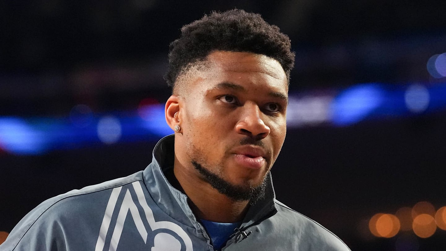 Team World forward Giannis Antetokounmpo (34) of the Milwaukee Bucks looks on during the 75th NBA All Star Game at Intuit Dome on February 15, 2026.