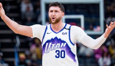Dec 12, 2025; Memphis, Tennessee, USA; Utah Jazz center Jusuf Nurkic (30) questions the foul call in the first quarter against the Memphis Grizzlies at FedExForum. Mandatory Credit: Matthew Smith-Imagn Images
