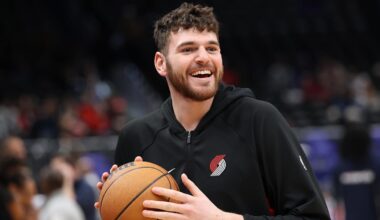 Jan 27, 2026; Washington, District of Columbia, USA; Portland Trail Blazers center Donovan Clingan (23. Mandatory Credit: Daniel Kucin Jr.-Imagn Images