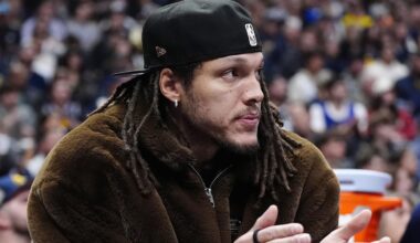 Dec 15, 2025; Denver, Colorado, USA; Denver Nuggets forward Aaron Gordon (50 on the bench during the second quarter against the Houston Rockets at Ball Arena. Mandatory Credit: Ron Chenoy-Imagn Images