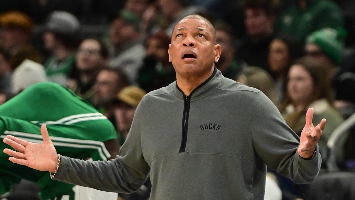 Milwaukee Bucks head coach Doc Rivers reacts in the second quarter against the Boston Celtics at Fiserv Forum on December 11, 2025.