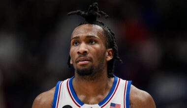 Kansas Jayhawks guard Darryn Peterson (22) reacts during the first half against the BYU Cougars at Mizzou Arena.