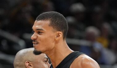 San Antonio Spurs forwards Keldon Johnson (3) and forward Victor Wembanyama (1) celebrate in the second half against the Sacramento Kings at Moody Center on Feb 21, 2026.