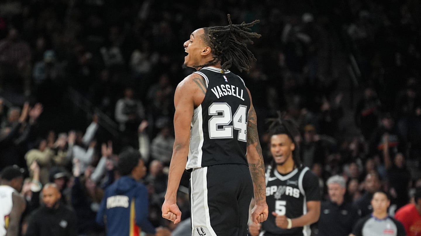 Jan 25, 2026; San Antonio, Texas, USA;  San Antonio Spurs guard Devin Vassell (24) celebrates in the second half against the New Orleans Pelicans at Frost Bank Center. Mandatory Credit: Daniel Dunn-Imagn Images