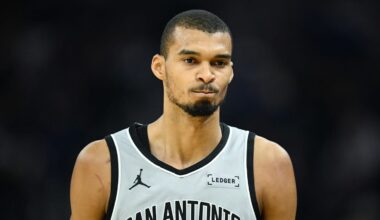 Feb 11, 2026; San Francisco, California, USA; San Antonio Spurs forward Victor Wembanyama (1) looks on against the Golden State Warriors in the first quarter at Chase Center. Mandatory Credit: Eakin Howard-Imagn Images