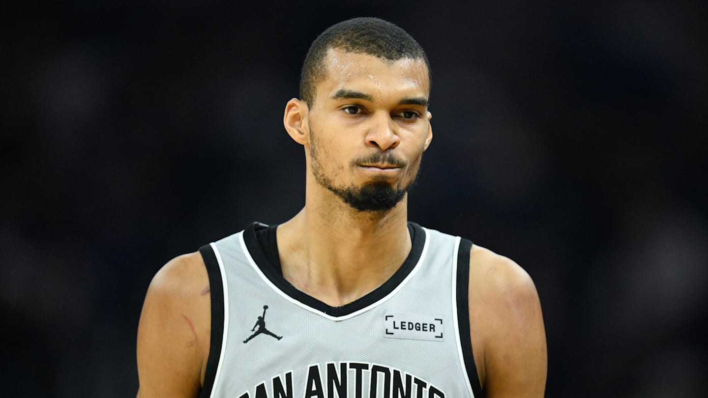 Feb 11, 2026; San Francisco, California, USA; San Antonio Spurs forward Victor Wembanyama (1) looks on against the Golden State Warriors in the first quarter at Chase Center. Mandatory Credit: Eakin Howard-Imagn Images
