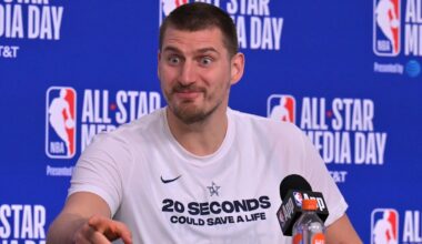 Feb 14, 2026; Los Angeles, CA, USA; Team World center Nikola Jokic (15) of the Denver Nuggets during a news conference for the NBA All Star game at Intuit Dome. Mandatory Credit: Jayne Kamin-Oncea-Imagn Images