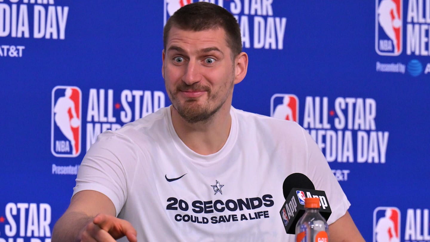 Feb 14, 2026; Los Angeles, CA, USA; Team World center Nikola Jokic (15) of the Denver Nuggets during a news conference for the NBA All Star game at Intuit Dome. Mandatory Credit: Jayne Kamin-Oncea-Imagn Images