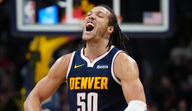 Mar 31, 2024; Denver, Colorado, USA; Denver Nuggets forward Aaron Gordon (50) reacts in the second half against the Cleveland Cavaliers at Ball Arena. Mandatory Credit: Ron Chenoy-Imagn Images
