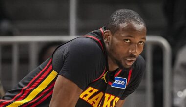 Feb 24, 2026; Atlanta, Georgia, USA; Atlanta Hawks forward Jonathan Kuminga (0) on the court against the Washington Wizards during the first half at State Farm Arena. Mandatory Credit: Dale Zanine-Imagn Images