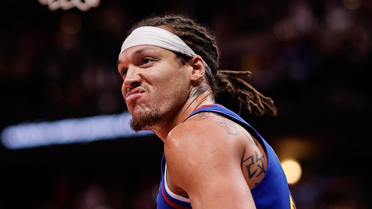 Nov 7, 2025; Denver, Colorado, USA; Denver Nuggets forward Aaron Gordon (32) reacts after a play in the third quarter against the Golden State Warriors at Ball Arena. Mandatory Credit: Isaiah J. Downing-Imagn Images